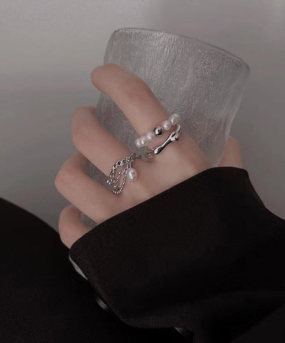 Set Tassel Pearl Rings Fine Metal Two-Piece
