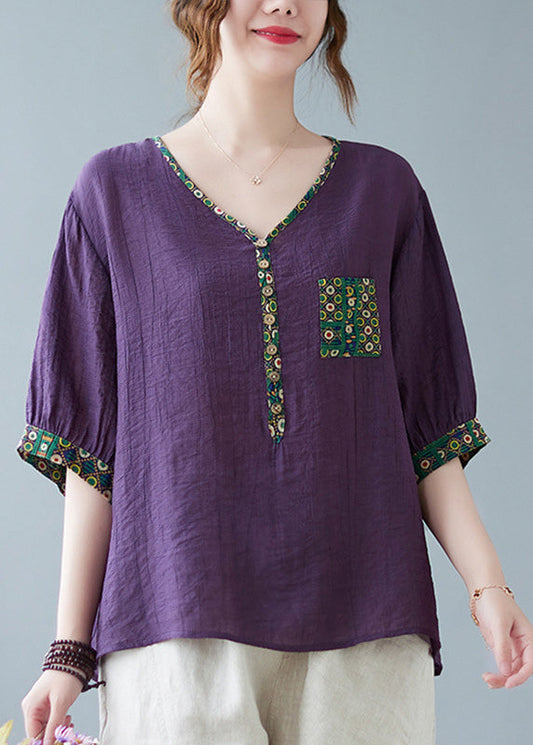 Oberteil mit feinen Printärmeln in Lila mit halbem Patchwork