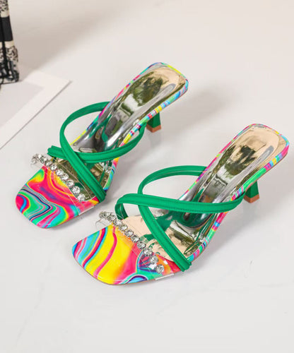 Beautiful Splicing Heel Zircon Leather Green High Faux Slide Sandals