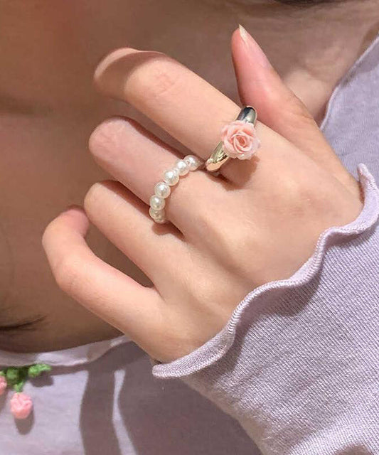 Set Alloy Rings Floral Pearl Two-Piece Handmade
