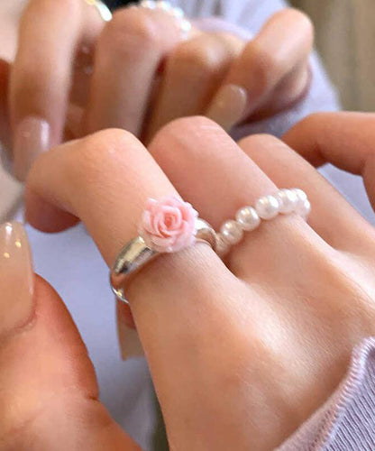 Set Alloy Rings Floral Pearl Two-Piece Handmade