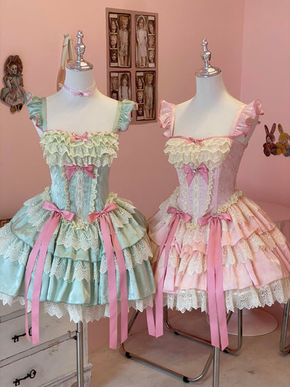 Sweet Mint Strawberry Bow Ballet Rococo Dress