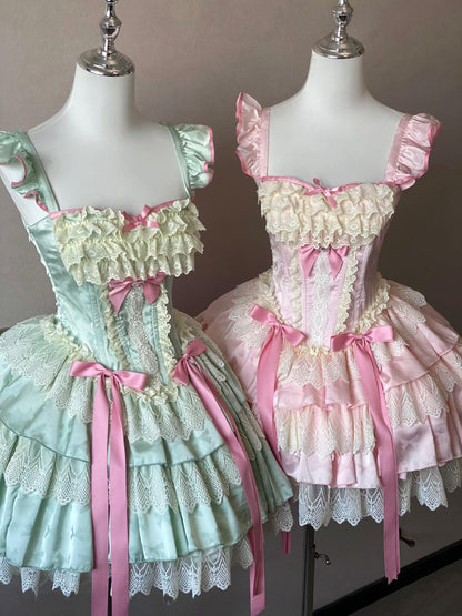 Sweet Mint Strawberry Bow Ballet Rococo Dress