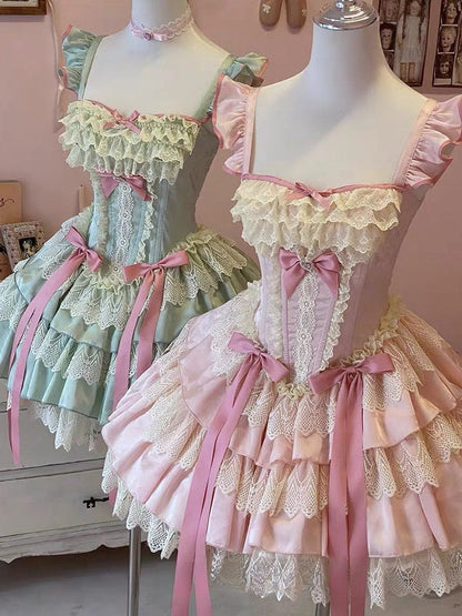 Sweet Mint Strawberry Bow Ballet Rococo Dress