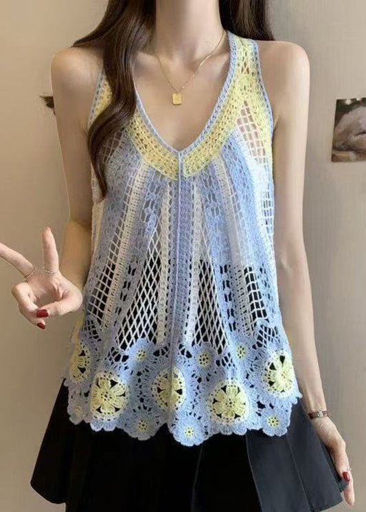 Shirt Italian Hollow Neck V Blue Knit Sleeveless T Out
