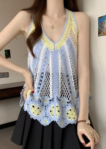 Shirt Italian Hollow Neck V Blue Knit Sleeveless T Out