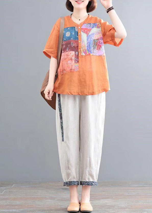 Orange Oversized Pieces Italian Print Summer Linen Set Two