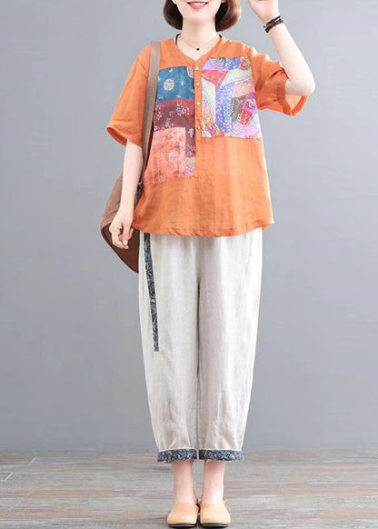 Orange Oversized Pieces Italian Print Summer Linen Set Two