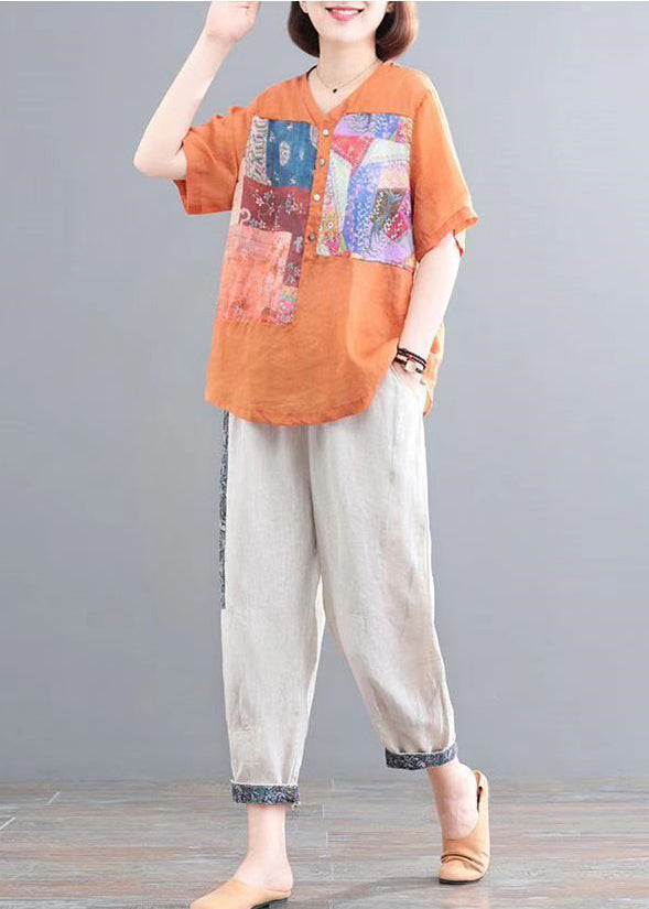 Orange Oversized Pieces Italian Print Summer Linen Set Two