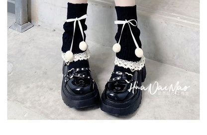 Knit Trim Lace Bobble Leg Bow Warmer