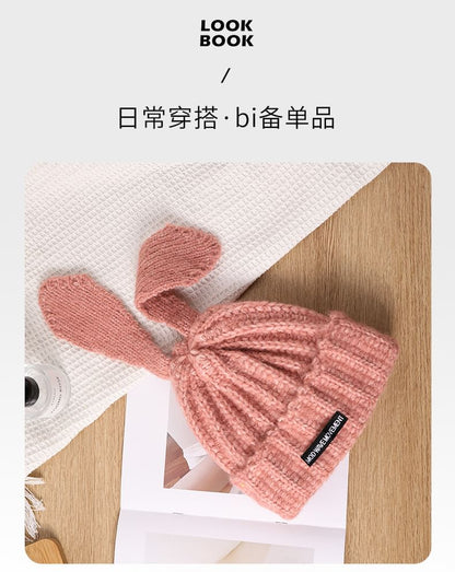 Applique Knit Beanie Rabbit Lettering Ear