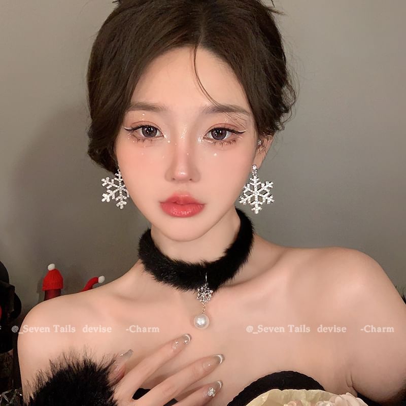 Set / Tree Bracelet Fluffy Drop Christmas Snowflake Earring Choker Chandelier
