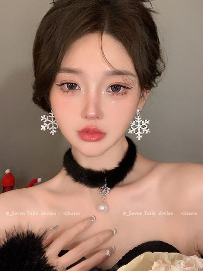 Set / Tree Bracelet Fluffy Drop Christmas Snowflake Earring Choker Chandelier