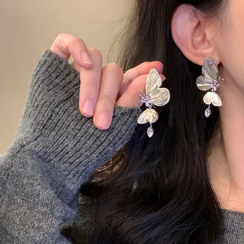 Butterfly Rhinestone Clip On / Drop Earring