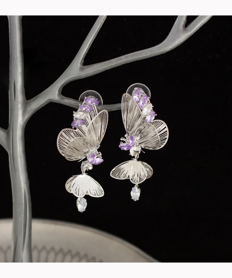 Butterfly Rhinestone Clip On / Drop Earring