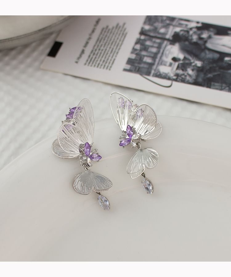 Butterfly Rhinestone Clip On / Drop Earring