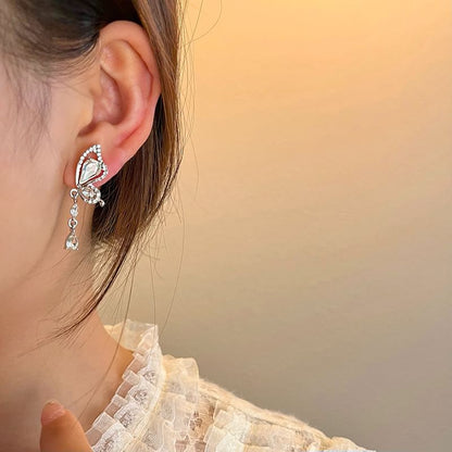 Rhinestone Butterfly Asymmetrical Alloy Drop Earring
