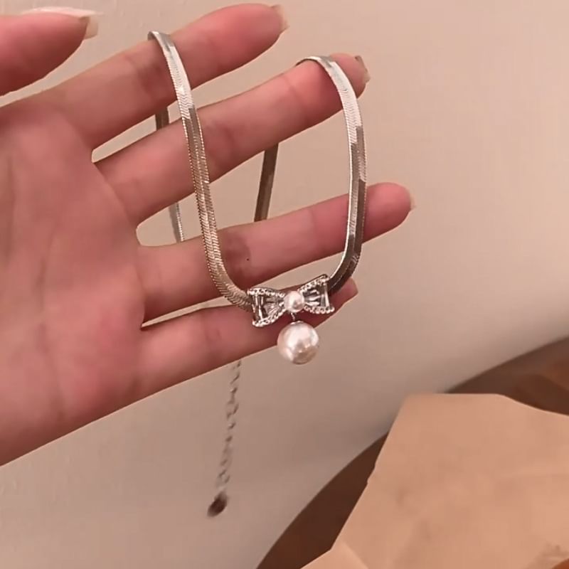 Halskette Legierung Faux Schleife Anhänger Perle