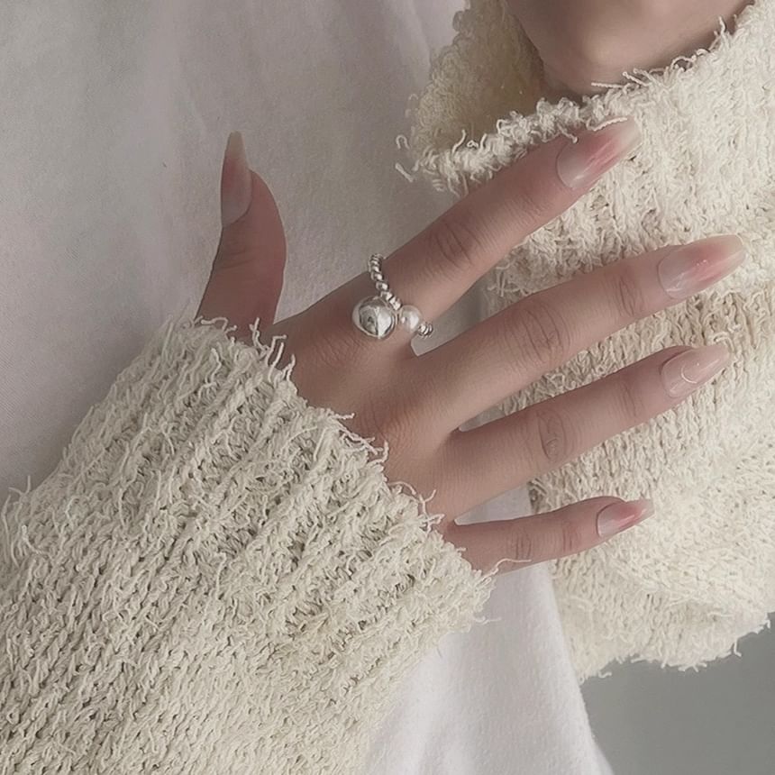 Silver Pearl Sterling Faux Ring Elastic Beaded 925