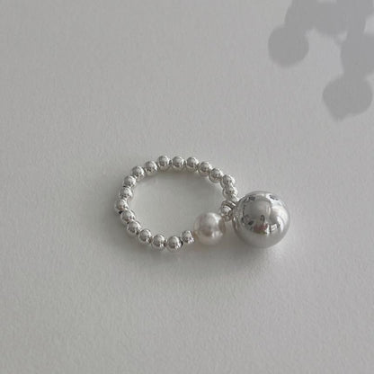 Silver Pearl Sterling Faux Ring Elastic Beaded 925
