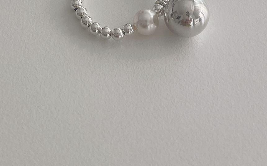 Silver Pearl Sterling Faux Ring Elastic Beaded 925