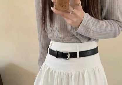 Bubble Hem + Plain High Belt A-Line Mini Set: Skirt Rise