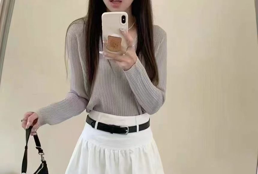 Bubble Hem + Plain High Belt A-Line Mini Set: Skirt Rise