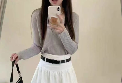 Bubble Hem + Plain High Belt A-Line Mini Set: Skirt Rise