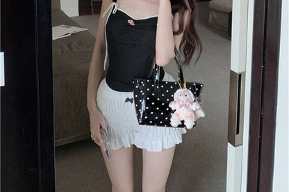 T-Shirt Trim Fit Contrast Slim Bow Cap-Sleeve Crop