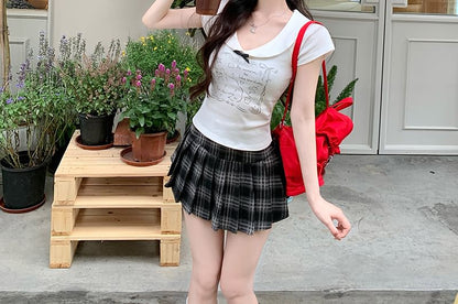 Top Collared Cat Cap Print Sleeve Bow