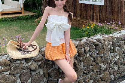 Skirt Waist / Plain Balloon A-Line Mini Tube Bow Drawstring Top Plaid