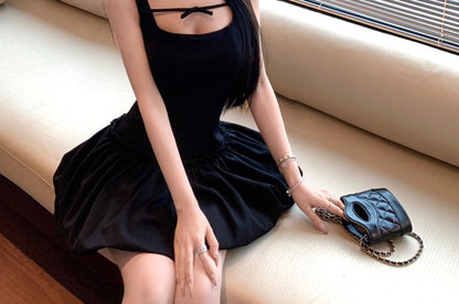 Bow Sleeveless Neck A-Line Gathered Plain Dress Square Mini