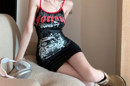 Spaghetti Strap Dress Mini Patterned Sheath Print Lettering