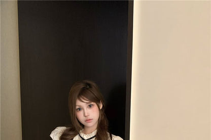 Blouse Sleeve Stand Plain High Waist Cap Collar Frill Bow Shorts /