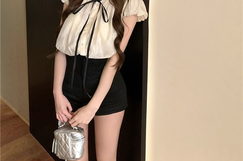 Blouse Sleeve Stand Plain High Waist Cap Collar Frill Bow Shorts /
