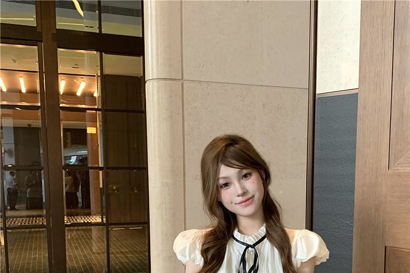 Blouse Sleeve Stand Plain High Waist Cap Collar Frill Bow Shorts /