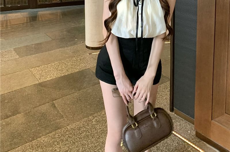 Blouse Sleeve Stand Plain High Waist Cap Collar Frill Bow Shorts /