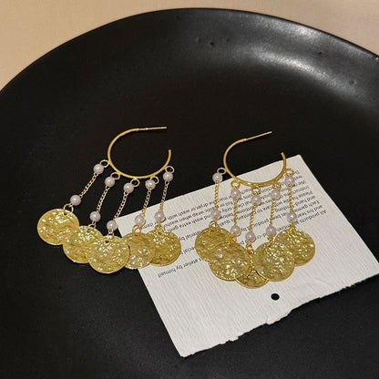 Disc Textured Alloy Chandelier Pearl Faux Earring