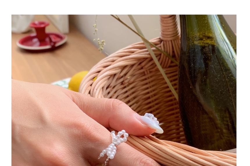 Silver Sterling Beaded Bow Ring 925 Elastic