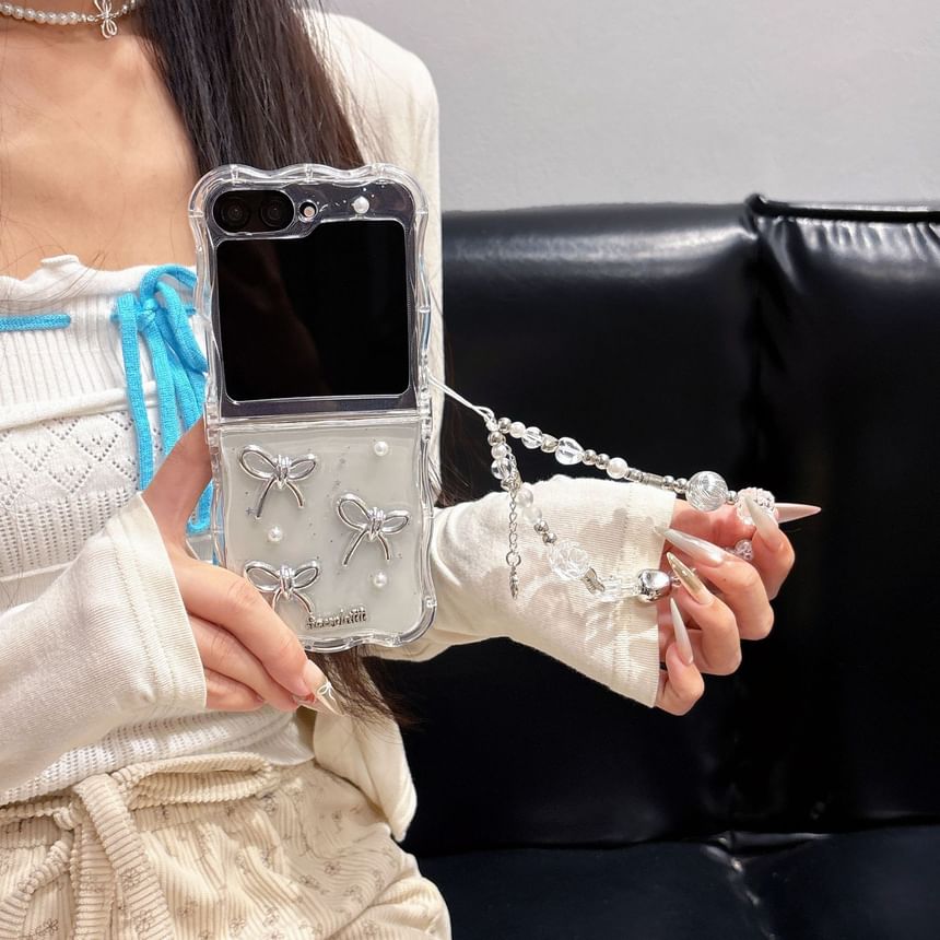 Case / Pearl Strap Bow Set Transparent Faux Phone