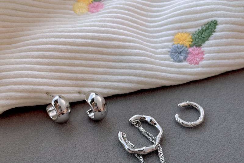 Plain Hoop Sterling Earring Chain Ear Cuff Silver + Set: 925