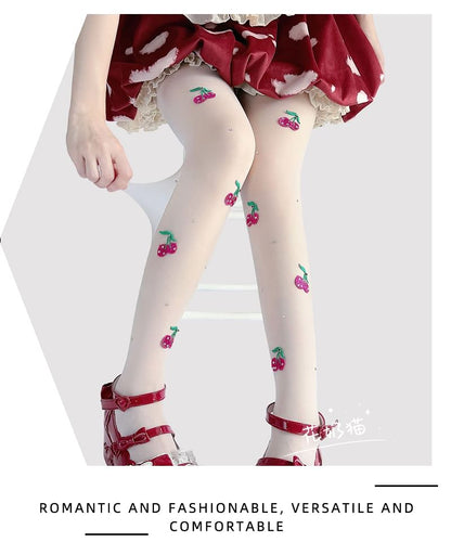 Bestickte transparente Strumpfhose Kirsche