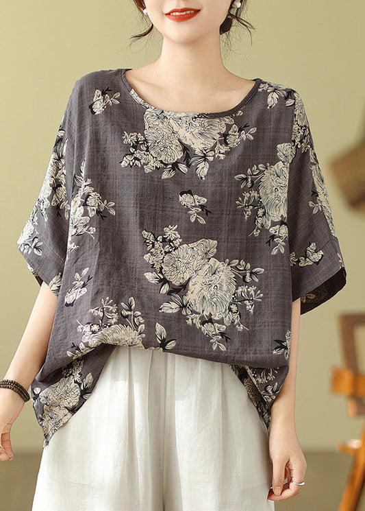 O-Neck Sleeve Short T Loose Shirt Grey Print