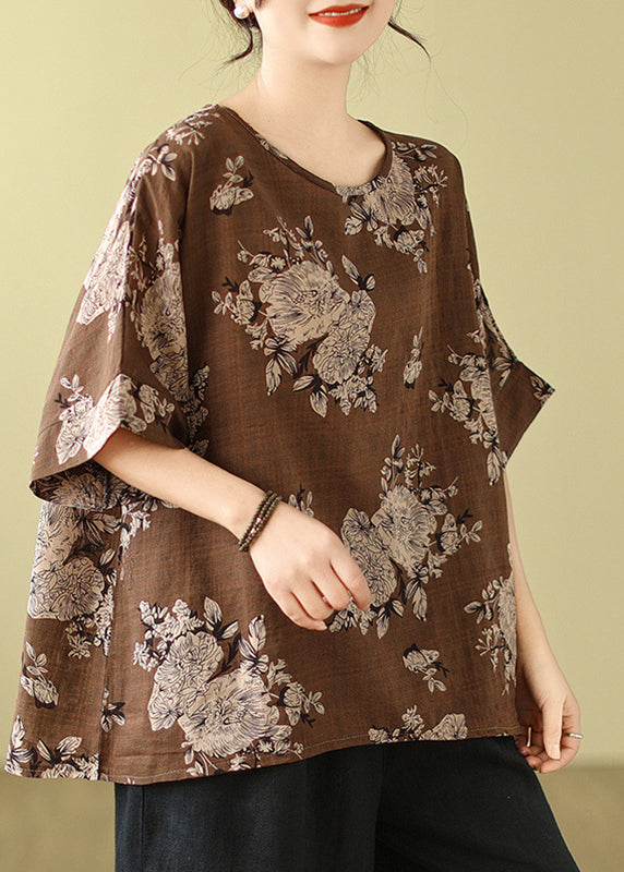 O-Neck Sleeve Short T Loose Shirt Grey Print