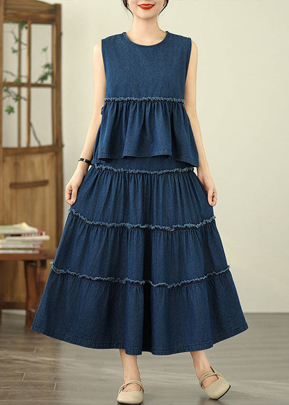 Loose Two Ruffled Sleeveless Top Skirts Denim Piece Navy And Patchwork Set Maxi