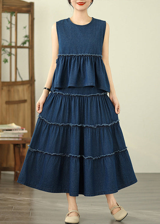 Loose Two Ruffled Sleeveless Top Skirts Denim Piece Navy And Patchwork Set Maxi