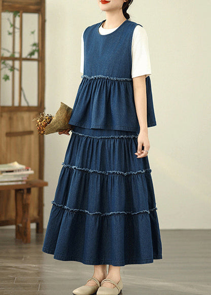 Loose Two Ruffled Sleeveless Top Skirts Denim Piece Navy And Patchwork Set Maxi