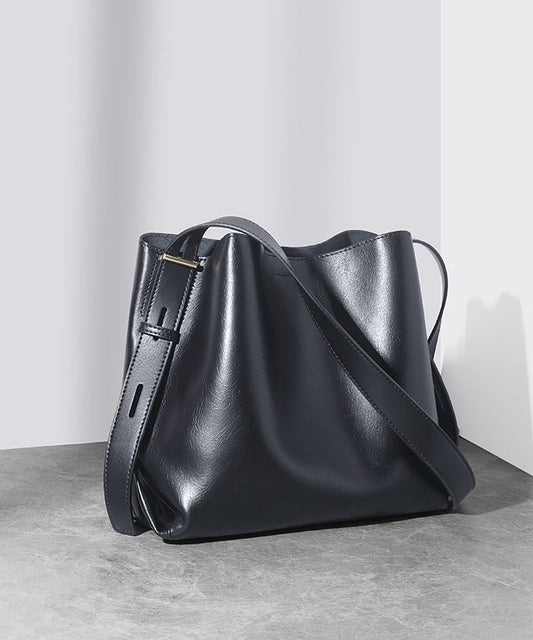 Large Bucket Casual Leather Bag Black Capacity Calf New
