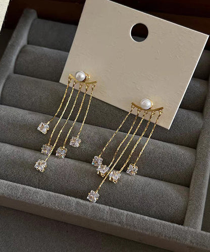 Earrings New Gold Copper Drop Pearl Tassel Zircon Alloy