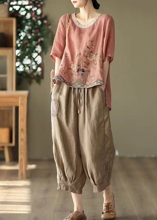 Retro New Print Set Pink Oversized Two Piece Summer Linen